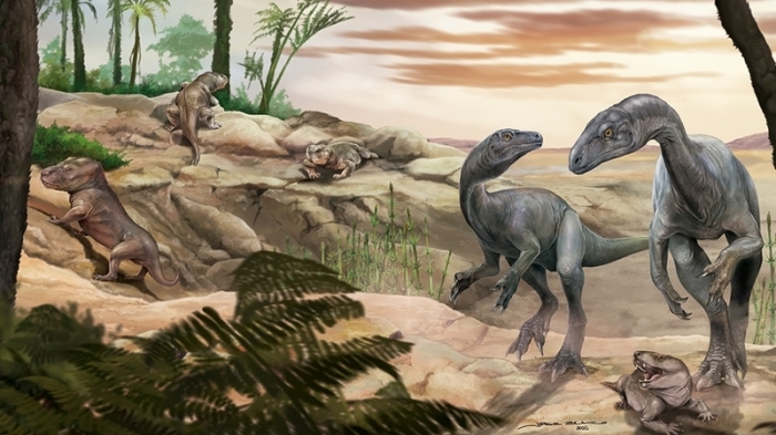 Künstlerische Darstellung des Dinosauriers Huayracursor jaguensis, dessen nahezu vollständiges Skelett in Argentinien entdeckt wurde. Foto: dpa/Jorge Blanco