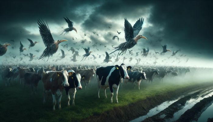 Dystopische Darstellung der Vogelgrippe, die Kühe betrifft und Rinder- mit Vogelmerkmalen in einer surrealen, unheimlichen Bauernhofkulisse unter einem dunklen Himmel verschmilzt. Foto generiert von OpenAI's DALL·E