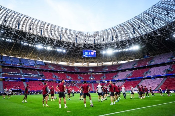 Champions League, vor dem Finale Paris Saint-Germain - FC Arsenal, Puskás Aréna. Training FC Arsenal. Die Spieler des FC Arsenal stehen beim Training in der Arena. Foto: Tom Weller/dpa