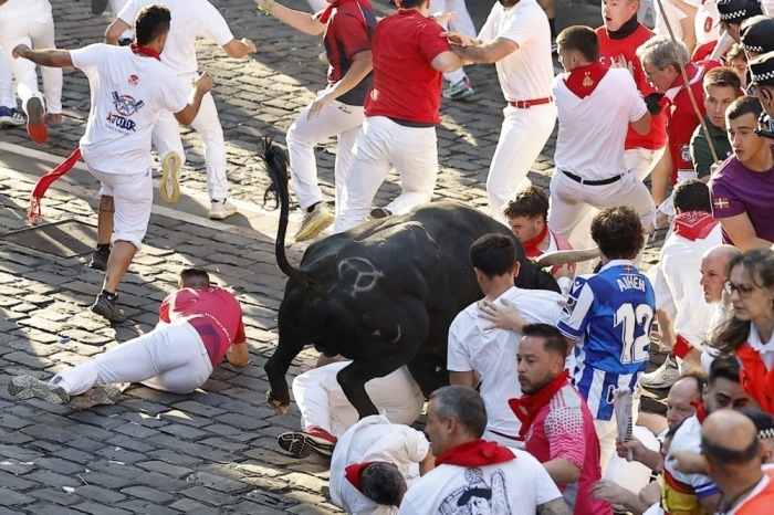 Läufer werden beim letzten Stierlauf des San-Fermín-Festes in Pamplona von Tieren der Jandilla-Zucht verfolgt. Foto: Villar Lopez/epa