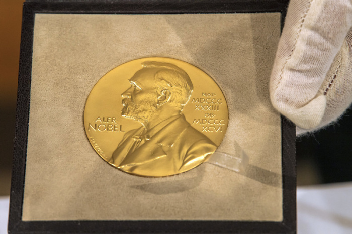Eine Hand hält vor der Übergabe des Nobelpreises für Physik an den deutschen Physiker Genzel die goldene Medaille. Foto: Peter Kneffel/dpa/pool/dpa