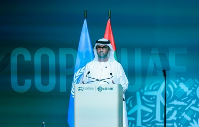 Dr. Sultan Ahmed Al Jaber, designierter Präsident der COP28, Minister für Industrie und Hochtechnologie der VAE, bei seiner Rede während der Eröffnungsfeier der COP28-Konferenz in Dubai. Foto: epa/Ali Haider