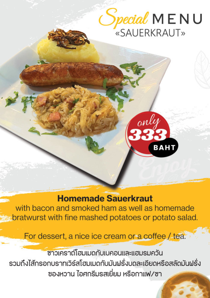 Das beliebte Bratwurst- und Sauerkraut-Menü ist wieder im The Bikers Café Thailand erhältlich. Foto: The Bikers Café Thailand