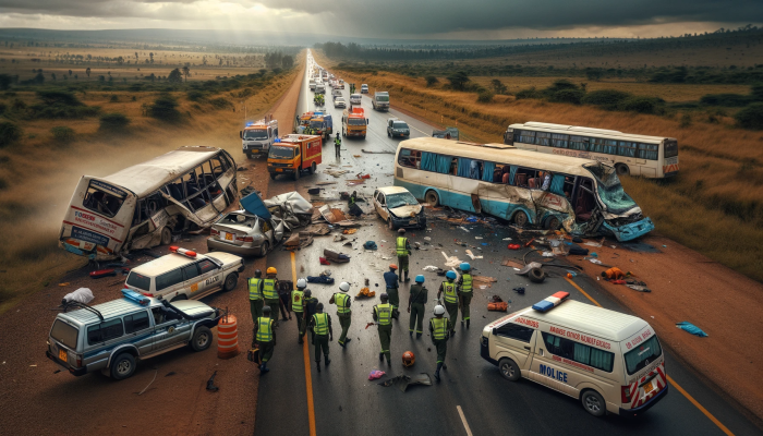 Schwerer Verkehrsunfall auf einer Autobahn in Kenia mit Einsatz von Rettungskräften. Die Szene zeigt das Ausmaß des Unglücks. Foto generiert von OpenAI's DALL·E und Fotoquelle: ChatGPT.