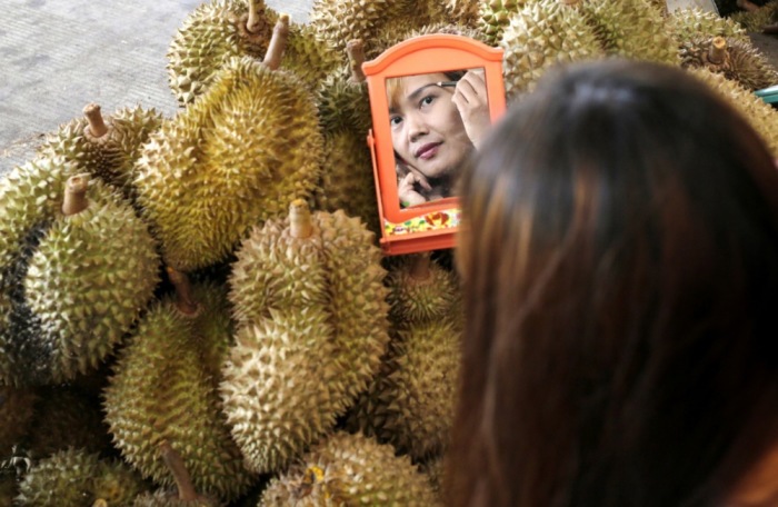 Eine Frau betrachtet ihr Spiegelbild umgeben von einer Vielzahl frischer Durians, bereit für den Export und die Genießer weltweit. Foto: EPA/Barbara Walton