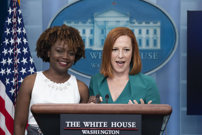 Die Pressesekretärin des Weißen Hauses Jen Psaki kündigt Karine Jean-Pierre als neue Pressesekretärin des Weißen Hauses an. Foto: epa/Michael Reynolds