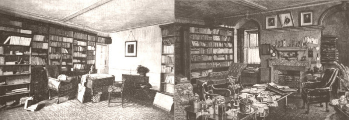 Zwei historische Bilder, eine Fotografie (links) und eine Radierung (rechts), werden hier kombiniert, um die Bücherregale in Darwins Arbeitszimmer zu zeigen. Foto: Alpha Galileo/dpa
