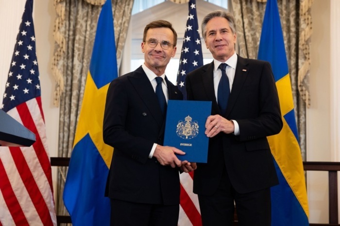 Feierlicher Akt zum Beitritt Schwedens zur NATO in Washington DC. Foto: epa/Chuck Kennedy