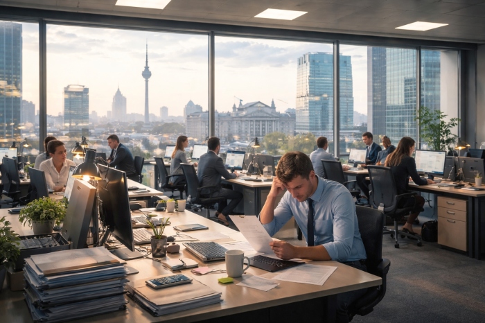 Ein Berliner Büro am Montagmorgen: Seit 1976 beginnt die Woche offiziell mit diesem Tag – sein Ruf als härtester Start hält sich dennoch hartnäckig. Foto: Der Farang (ai)