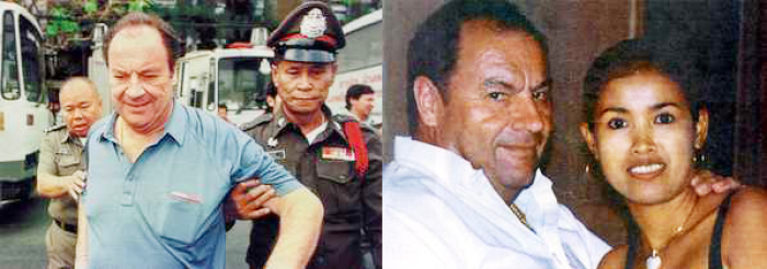 Wolfgang Ullrich: links bei einer Vernehmung in Bangkok unter Polizeibegleitung, rechts mit Lebensgefährtin Rosalin Chaiyasant in glücklicheren Zeiten vor dem Absturz.