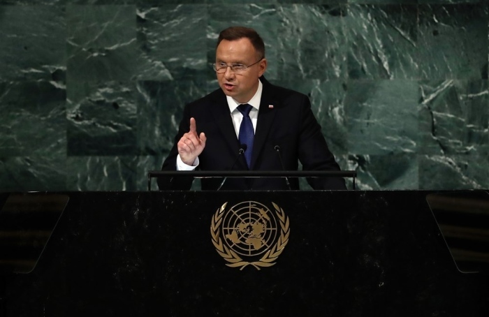 Der Präsident der Republik Polen, Andrzej Duda, hält seine Rede während der 77. Generaldebatte im Saal der Generalversammlung der Vereinten Nationen. Foto: epa/Peter Foley