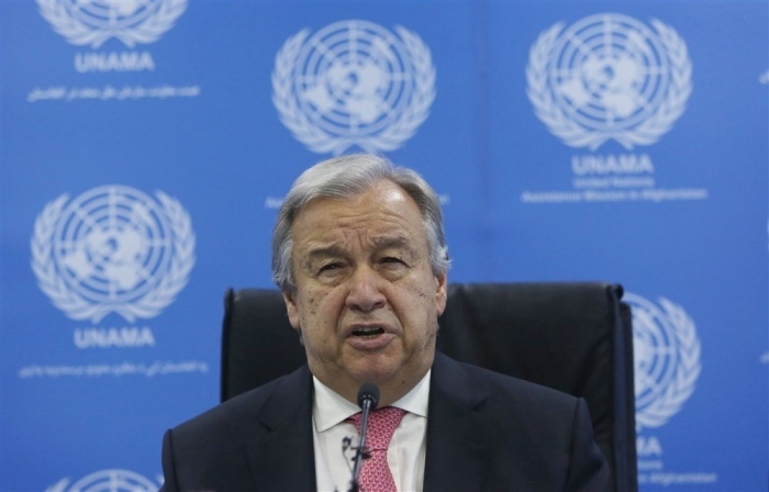 UN-Generalsekretär Antonio Guterres im Gespräch mit Journalisten. Foto: epa/Stringer