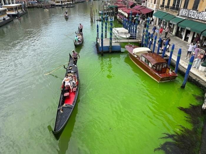 Eine grün schimmernde Flüssigkeit im berühmten Canale Grande von Venedig hat für Aufregung in der Lagunenstadt gesorgt. Foto: Luigi Costantini/Ap/dpa