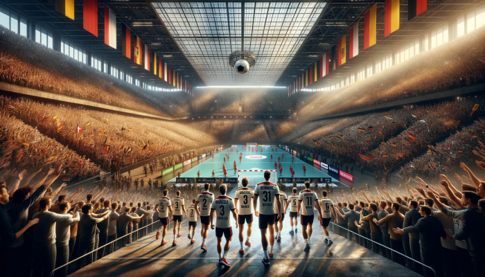 Deutsches Handballteam betritt das Düsseldorfer Fußballstadion, umgeben von 53.000 begeisterten Fans. Foto generiert von OpenAI's DALL·E und Fotoquelle: ChatGPT.