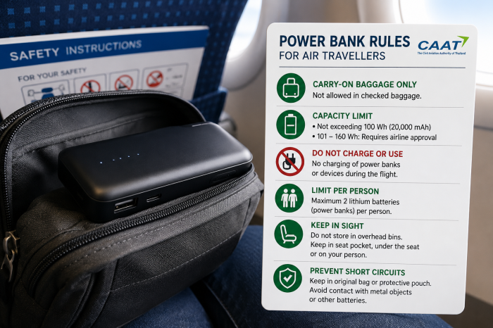 Eine Powerbank im Handgepäck eines Flugzeugs. Die thailändische Luftfahrtbehörde CAAT hat neue Vorschriften für die Mitnahme und Nutzung von Powerbanks an Bord veröffentlicht. Bild: KI-generiert.