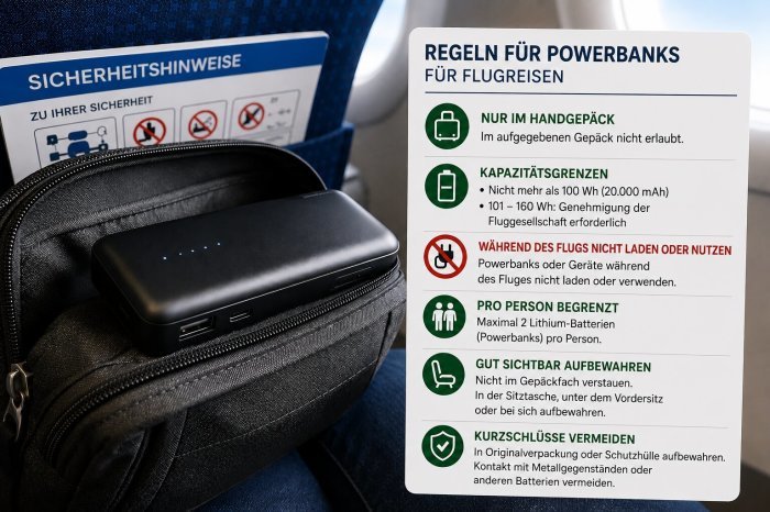 Eine Powerbank im Handgepäck eines Flugzeugs. Die thailändische Luftfahrtbehörde CAAT hat neue Vorschriften für die Mitnahme und Nutzung von Powerbanks an Bord veröffentlicht. Bild: KI-generiert.