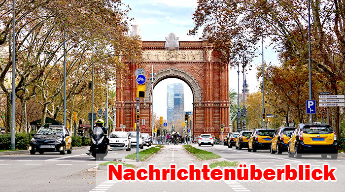 Herbstlicher Blick durch den Arc de Triomf in Barcelona mit Laubbäumen, Taxis, Rollern und moderner Hochhaus-Silhouette im Hintergrund. Foto: Unsplash/Quick Ps