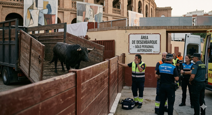 Nach dem tödlichen Vorfall beim Entladen der Kampfstiere in Málaga sichern Einsatzkräfte den Bereich der historischen Arena Plaza de la Malagueta ab. Foto: Der Farang (ai)
