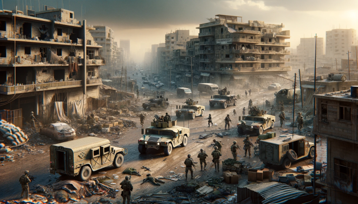 Spannung in einem modernen Konfliktgebiet im Nahen Osten, mit Soldaten und Zivilisten in einer kriegszerstörten Stadtumgebung. Foto generiert von OpenAI's DALL·E.