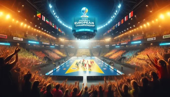 Spannung und Leidenschaft bei der Handball-EM der Frauen: Eine Arena voller begeisterter Fans und intensiver Spiele, die den Geist des Frauenhandballs feiern. Foto generiert von OpenAI's DALL·E