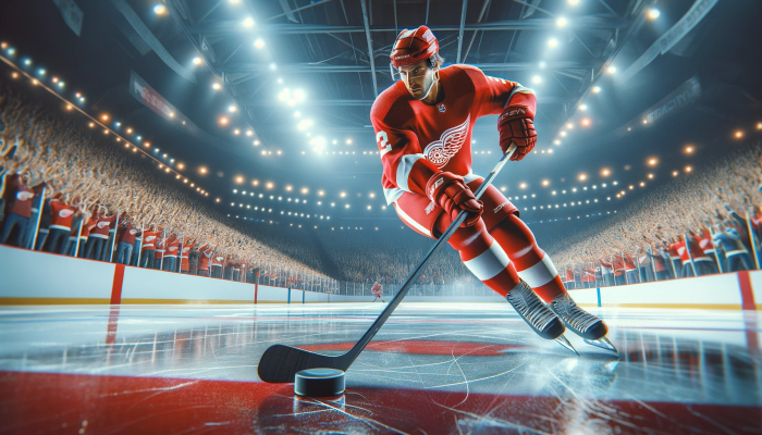 Bildlegende: Dynamische Szene eines Eishockeyspielers der Detroit Red Wings in Aktion auf dem Eis, umgeben von begeisterten Fans. Foto generiert von OpenAI's DALL·E und Fotoquelle: ChatGPT