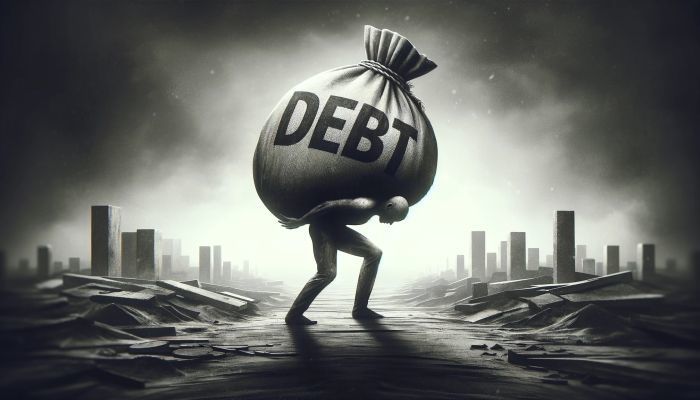 Hier ist eine Illustration, die das Konzept der Schulden als schwere Last darstellt. Foto generiert von OpenAI's DALL·E