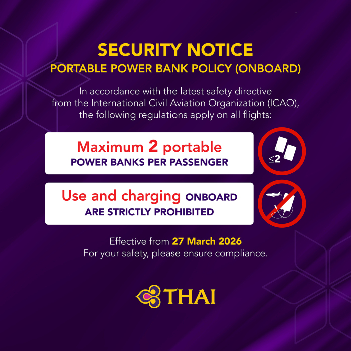 Passagiere dürfen seit Ende März nur noch zwei Powerbanks im Handgepäck mitführen; Nutzung und Aufladen an Bord sind untersagt. Bild: Thai Airways International