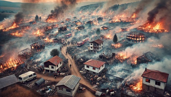 Verheerende Brände zerstören Dutzende Häuser in einem bulgarischen Dorf. Menschen verlieren ihre Existenzgrundlagen, während Feuerwehrleute verzweifelt kämpfen. Foto generiert von OpenAI's DALL·E