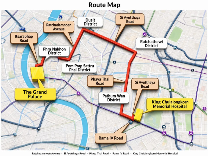 Die Karte zeigt die Route des königlichen Trauerzugs vom King Chulalongkorn Memorial Hospital zum Großen Palast in Bangkok. Foto: The Nation