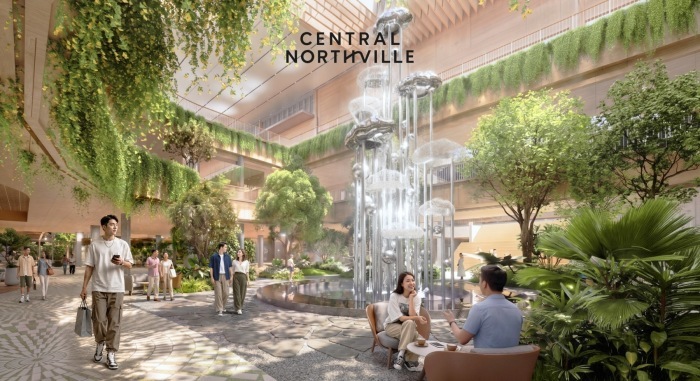 Der geplante Innengarten mit Wasserinstallationen und großzügigen Grünflächen soll das biophile Designkonzept des neuen Einkaufszentrums prägen. Foto: Central Pattana Plc