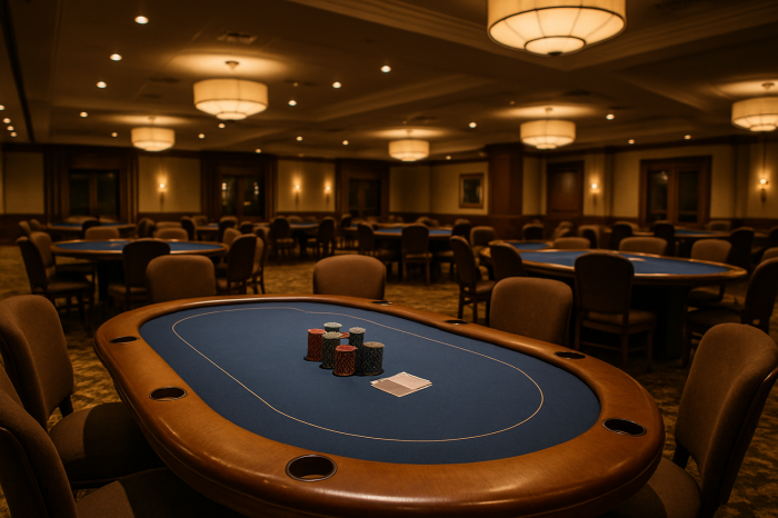 Innenansicht eines eleganten Pokerraums mit leeren Spieltischen, gedämpftem Licht und ruhiger Atmosphäre. Foto: Ki-illustration.