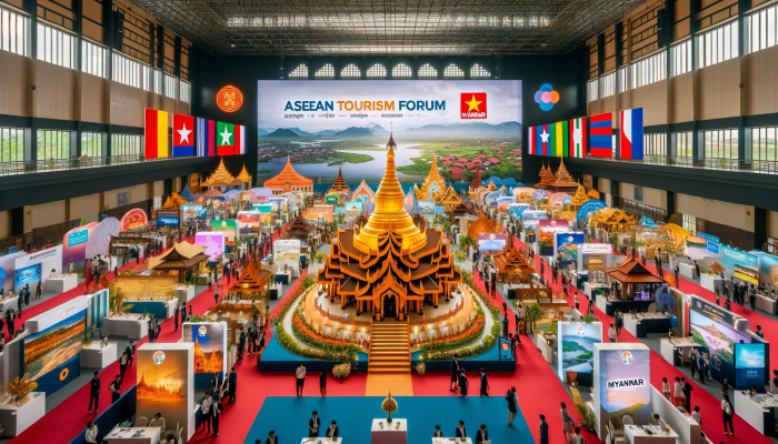 Lebendige Darstellung des Asean Tourismusforums in Laos mit Fokus auf Myanmars Bemühungen, trotz Herausforderungen Touristen anzuziehen. Foto generiert von OpenAI's DALL·E.