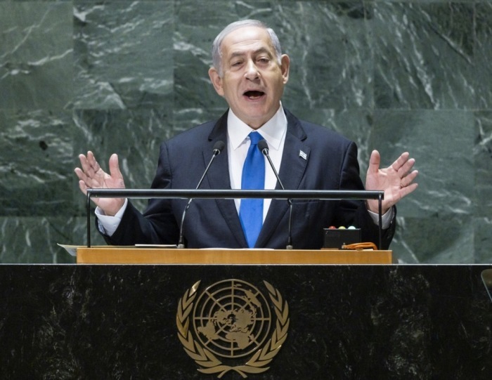 Israelischer Premierminister Benjamin Netanjahu spricht auf der 78. Sitzung der Generalversammlung der Vereinten Nationen im Hauptquartier der Vereinten Nationen in New York. Foto: epa/Justin Lane