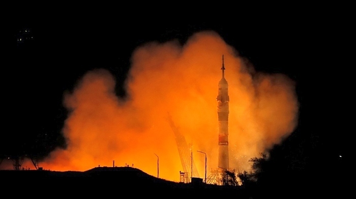 Die Sojus-2.1a-Trägerrakete mit dem Sojus-MS-24-Raumschiff hebt von der Startrampe auf dem von Russland gepachteten Kosmodrom Baikonur in Kasachstan ab. Archivfoto: PA-EFE/MAXIM SHIPENKOV