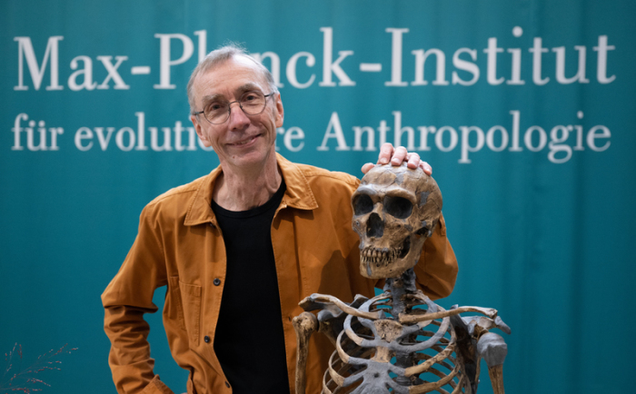 Der schwedische Evolutionsforscher Svante Pääbo steht im Max-Planck-Institut für evolutionäre Anthropologie in Leipzig an der Nachbildung eines Neandertaler-Skeletts. Foto: Hendrik Schmidt/dpa