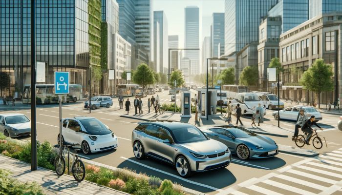 Moderne Elektroautos säumen die Straßen einer belebten Stadt und zeigen eine Vielfalt von Designs, von Sportmodellen bis hin zu Familien-SUVs, die städtische Nachhaltigkeit betonen. Foto generiert von OpenAI's DALL·E