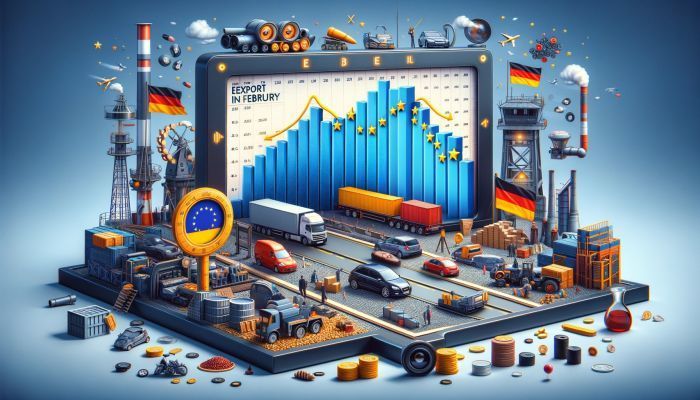 Deutschlands Außenhandel erlebt im Februar einen Rückgang, belastet durch schwache Geschäfte innerhalb der EU, visualisiert durch eine Infografik. Foto generiert von OpenAI's DALL·E