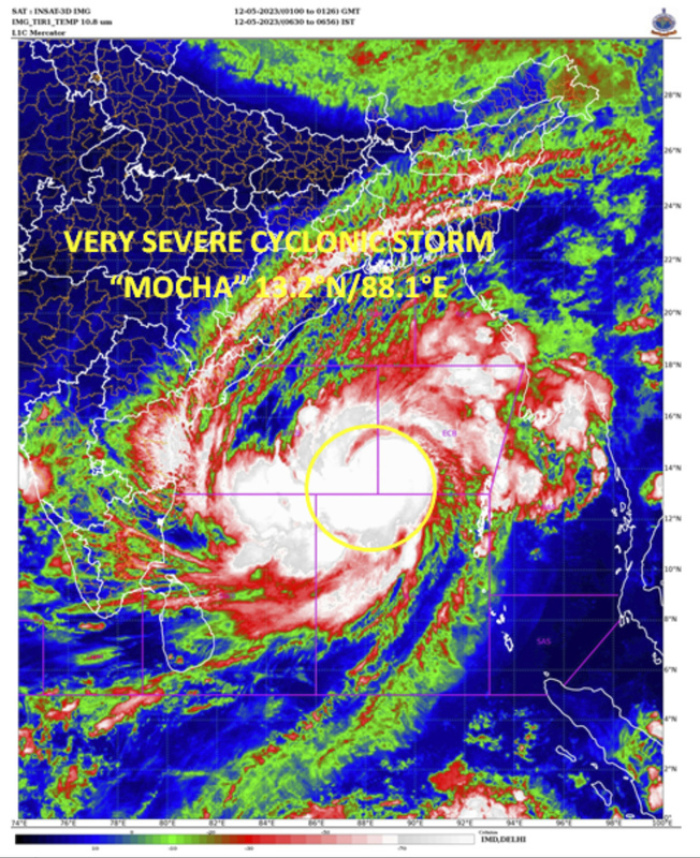Dieses vom indischen Wetterdienst zur Verfügung gestellte Satellitenbild zeigt, Sturm Mocha, der sich zu einem Wirbelsturm verstärkt. Foto: Uncredited/India Meteorological Department/ap/dpa