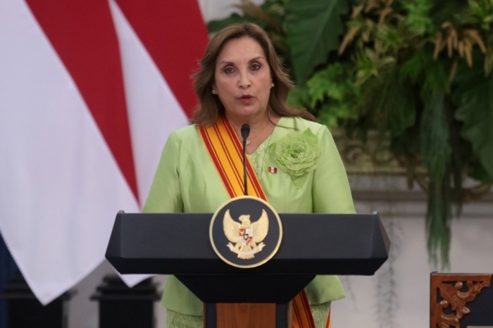 Perus Präsidentin Dina Boluarte spricht bei einer gemeinsamen Pressekonferenz im Präsidentenpalast in Jakarta. Foto: epa/Adi Weda