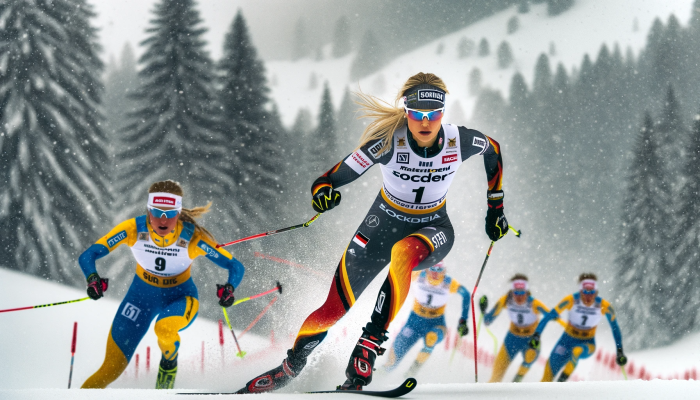 Katharina Hennig im packenden Wettbewerb beim Tour de Ski in Val di Fiemme, umgeben von schwedischem Spitzenduo im dichten Schneefall. Foto generiert von OpenAI's DALL·E.