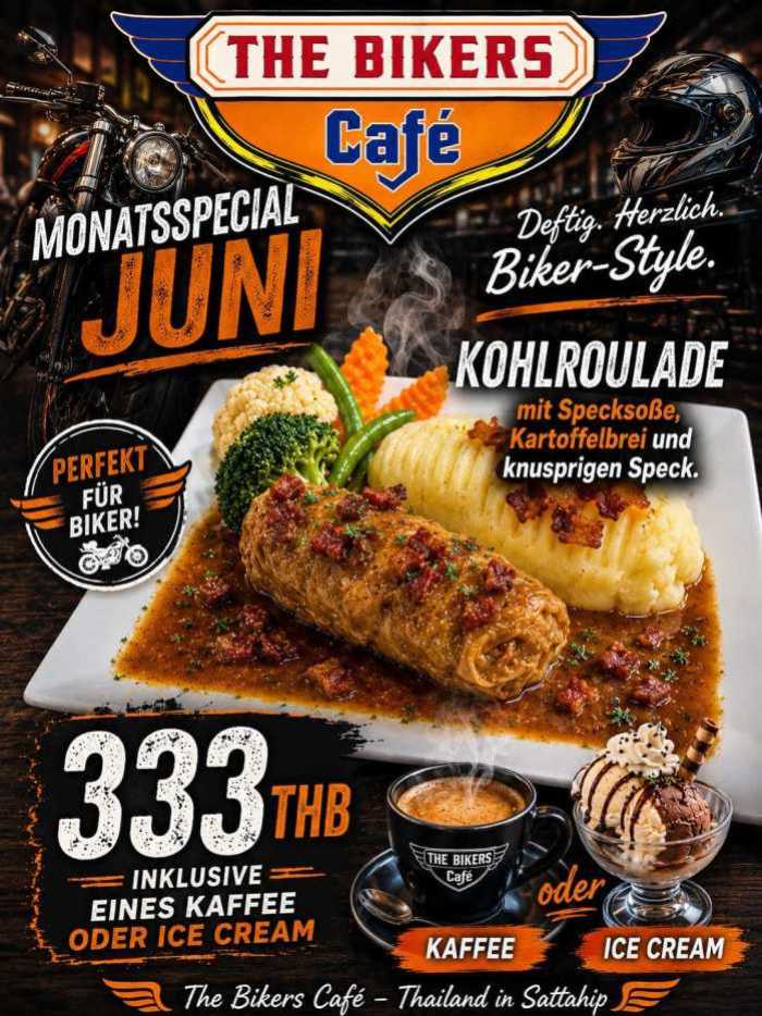 Die Kohlroulade mit Specksoße, Kartoffelbrei und knusprigem Speck ist das Juni-Spezial im The Bikers Café in Sattahip. Bild: The Bikers Café Thailan