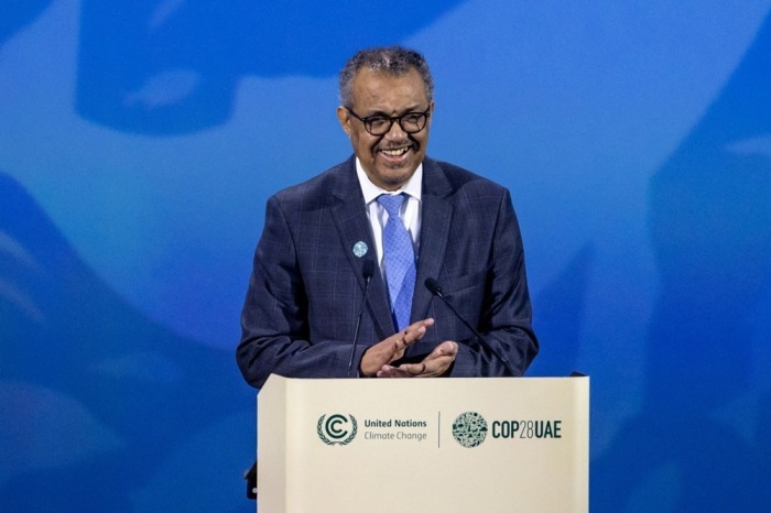 Tedros Adhanom Ghebreyesus, Generaldirektor der Weltgesundheitsorganisation (WHO), spricht während der UN-Klimakonferenz COP28 in Dubai. Foto: epa/Martin Divisek