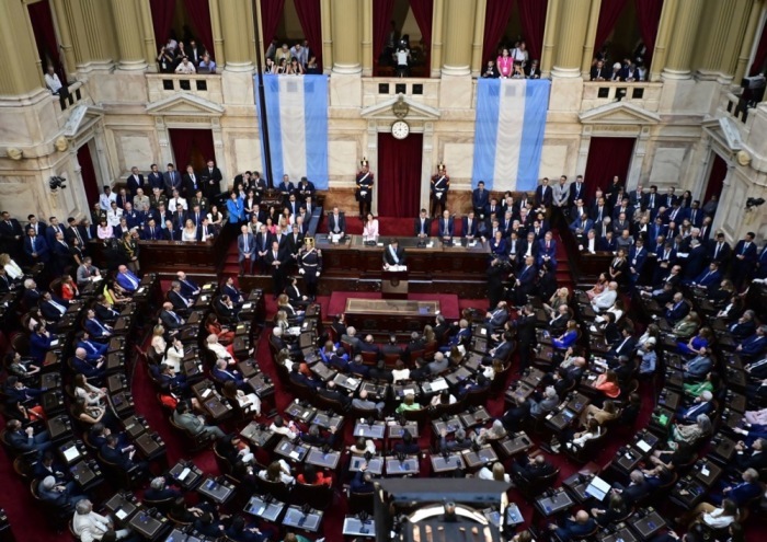 Der Präsident Javier Milei hält seine Rede zu Beginn der ordentlichen Sitzung der Abgeordnetenkammer in Buenos Aires. Foto: epa/Matias Martin Campaya