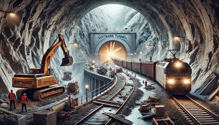 Ein entgleister Güterzug im Gotthard-Eisenbahntunnel, dem längsten der Welt. Nach umfangreichen Reparaturen sollen die Züge ab September wieder uneingeschränkt fahren. Foto generiert von OpenAI's DALL·E
