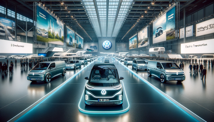 Die zukünftige Vision der elektrischen Transporter-Flotte von Volkswagen in Hannover zeigt, mit einem Line-up von VW-Elektrotransportern, darunter der ID Buzz und der erwartete Crafter, in einem futuristischen Ausstellungsraum. Foto generiert von OpenAI's
