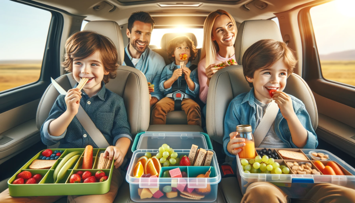 Familie auf langer Autofahrt, Kinder essen glücklich aus Snackboxen mit gesundem Essen. Künstlich generiertes Bild von Openai's Dall·e