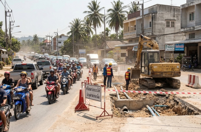 Eine Baustelle an einer belebten Ringstraße auf Koh Samui mit Staub, Baggern und wartenden Motorrollern im Gegenlicht. Foto: Der Farang (ai)