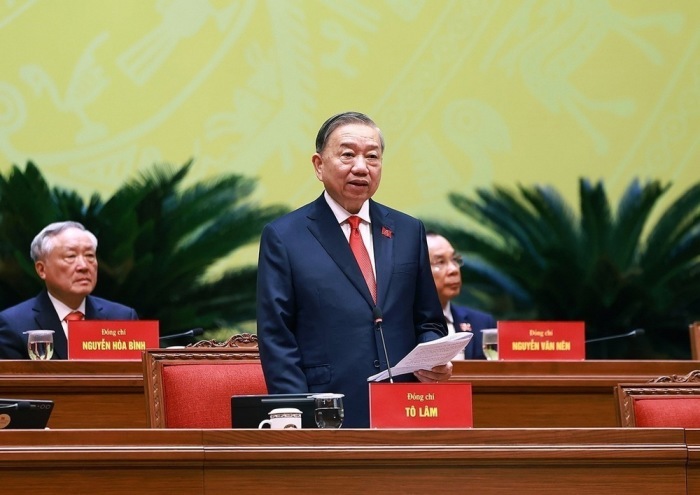 Vietnams Parteichef To Lam spricht beim 14. Parteitag der Kommunistische Partei Vietnams im National Convention Center in Hanoi. Foto: EPA/Vietnam News Agency/handout