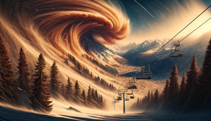 Eine Seilbahn vor dem Atem des Sturms: Ein gewaltiger Föhnwind wirbelt durch die alpine Ruhe und verändert die Landschaft. Foto generiert von OpenAI's DALL·E