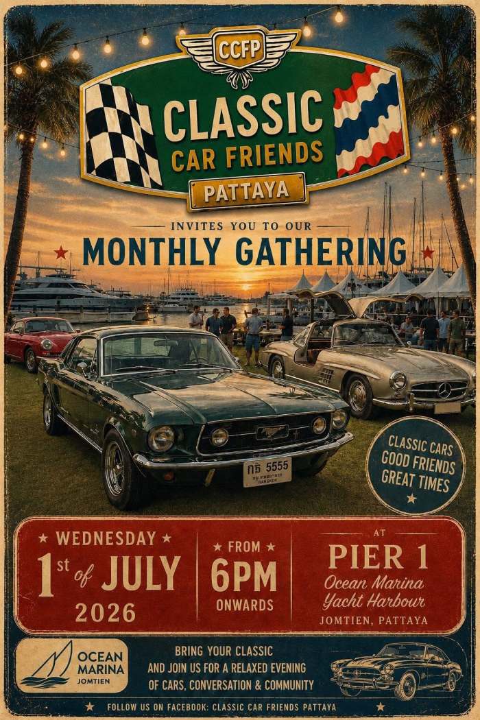 Mitglieder der Classic Car Friends Pattaya präsentieren beim Monatstreffen in der Ocean Marina ihre historischen Fahrzeuge. Foto: Classic Car Friends Pattaya